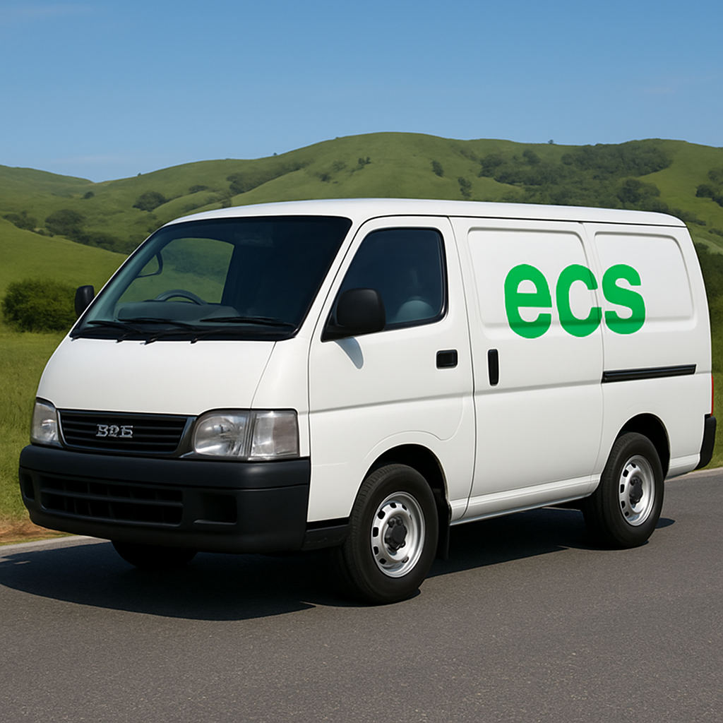 The Exterior Cleaning Solutions white work van with the ECS logo in Northland